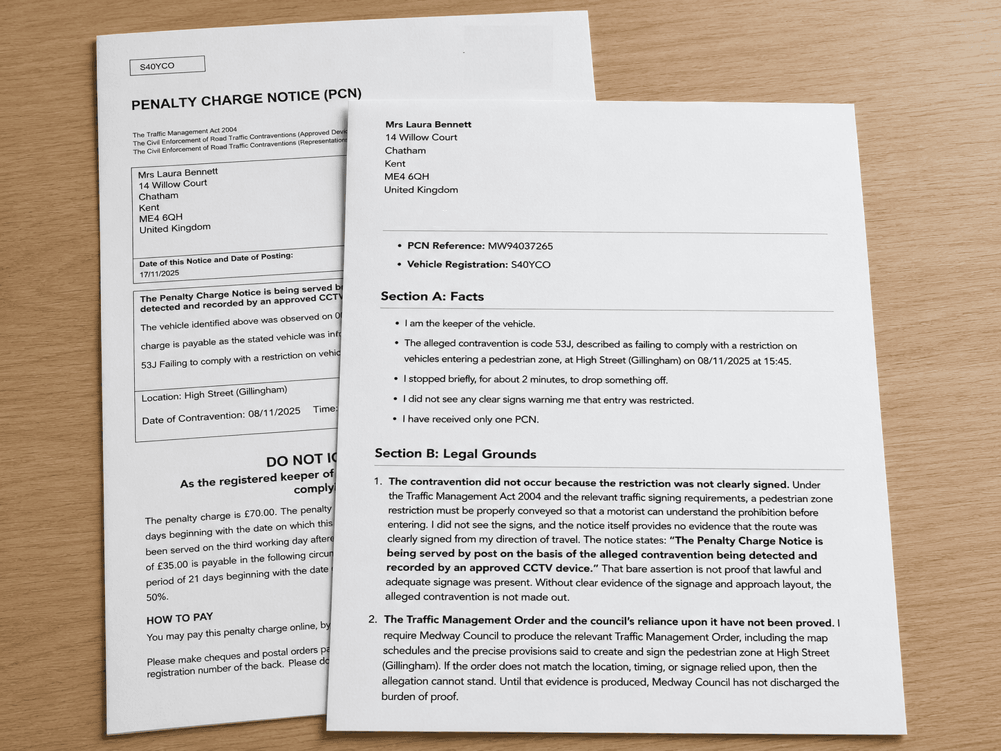 Parking Mate UK council PCN appeal pack showing a penalty charge notice and appeal document