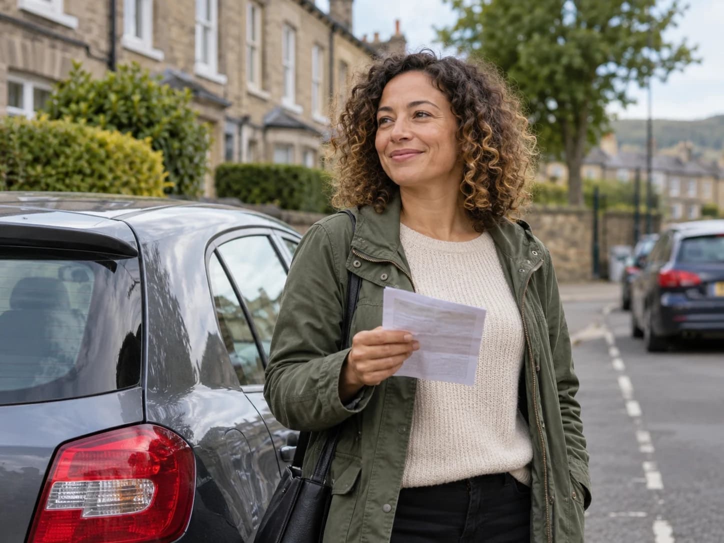 A UK motorist beside her car holding a parking notice
