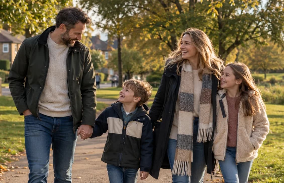 A family enjoying time together while walking in a park