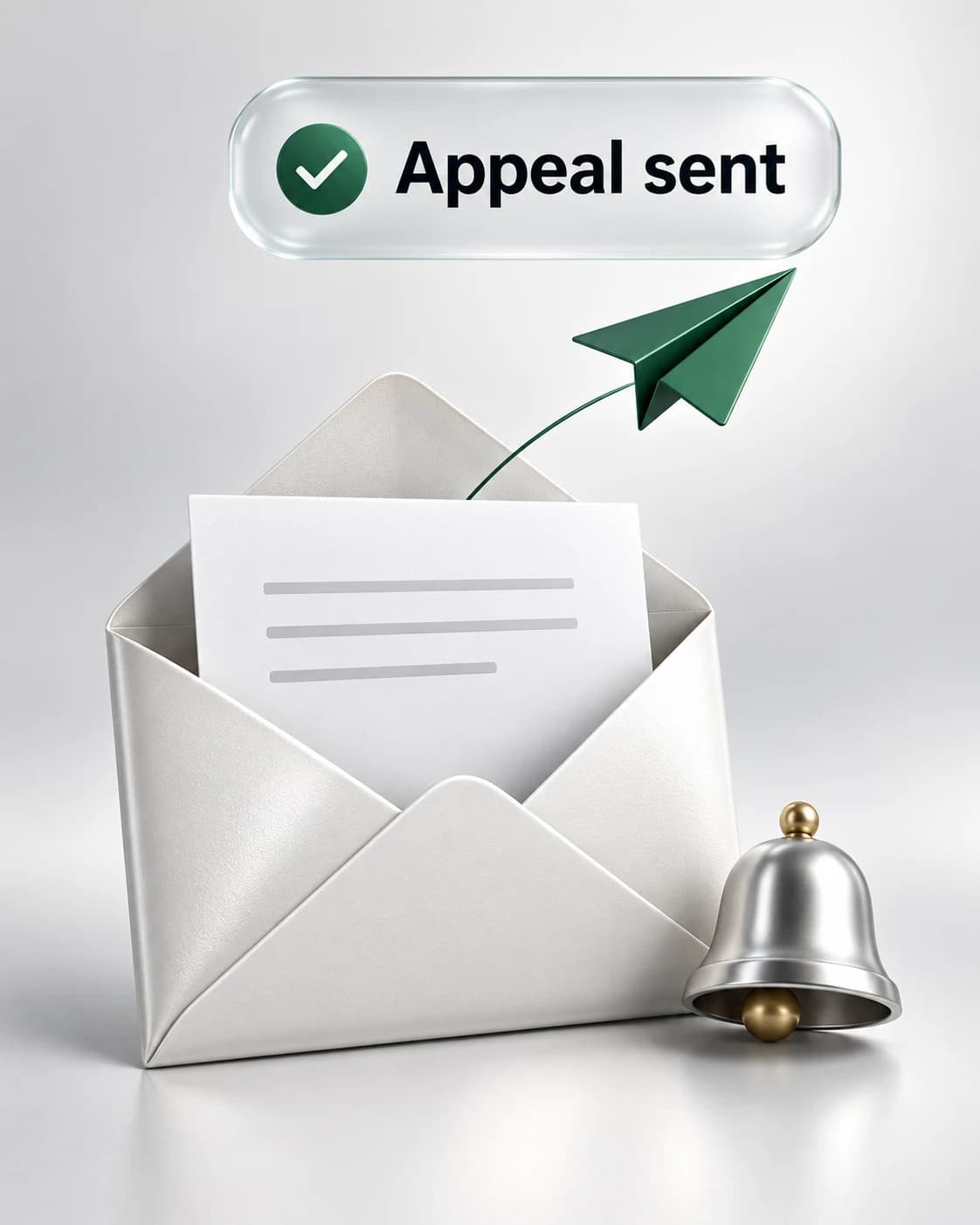 An appeal document, sent confirmation and notification bell illustrating appeal progress updates