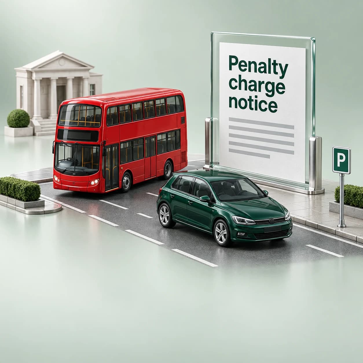 Custom illustration of a London bus, car, civic building and penalty charge notice