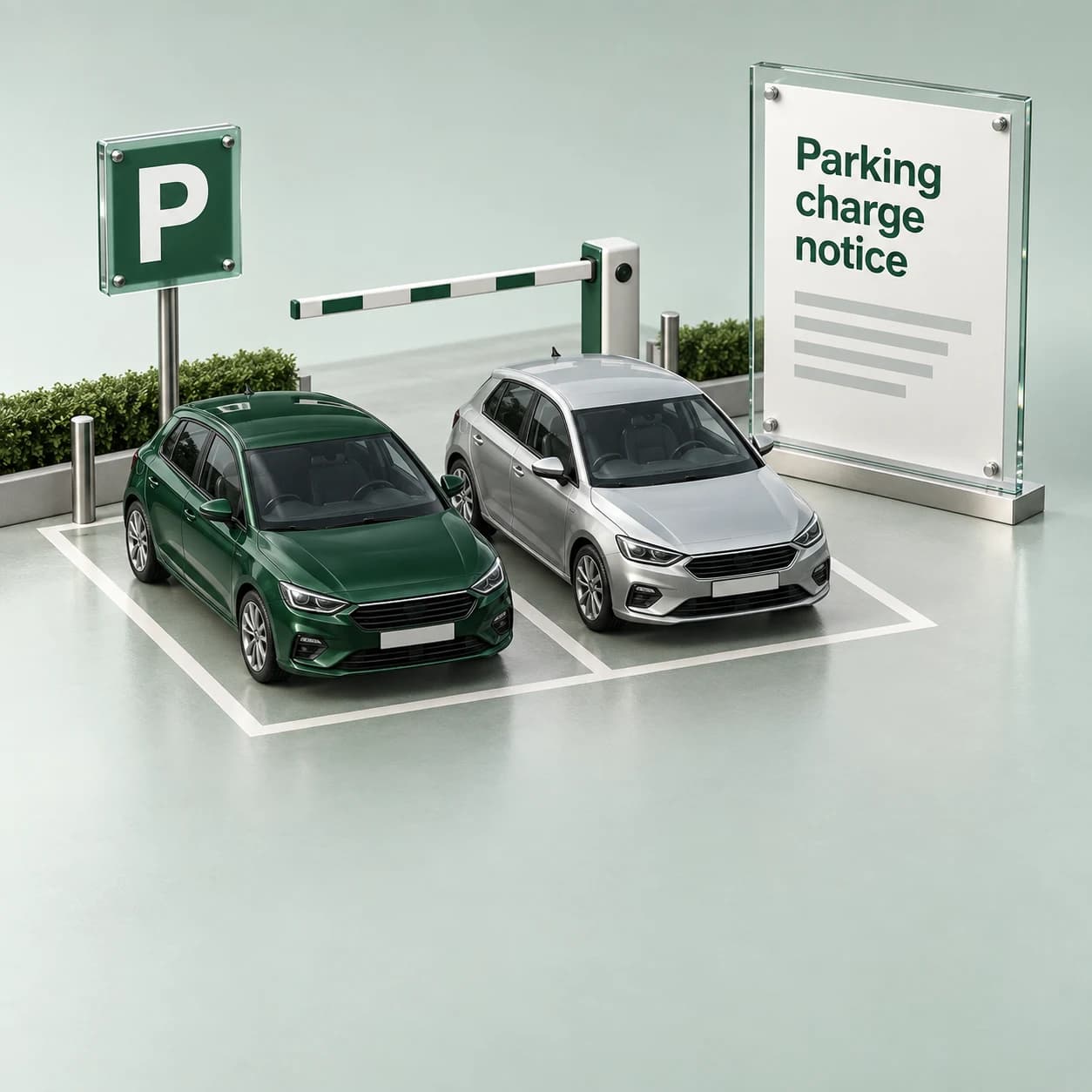 Custom illustration of a private car park with two cars, an entrance barrier and a parking charge notice