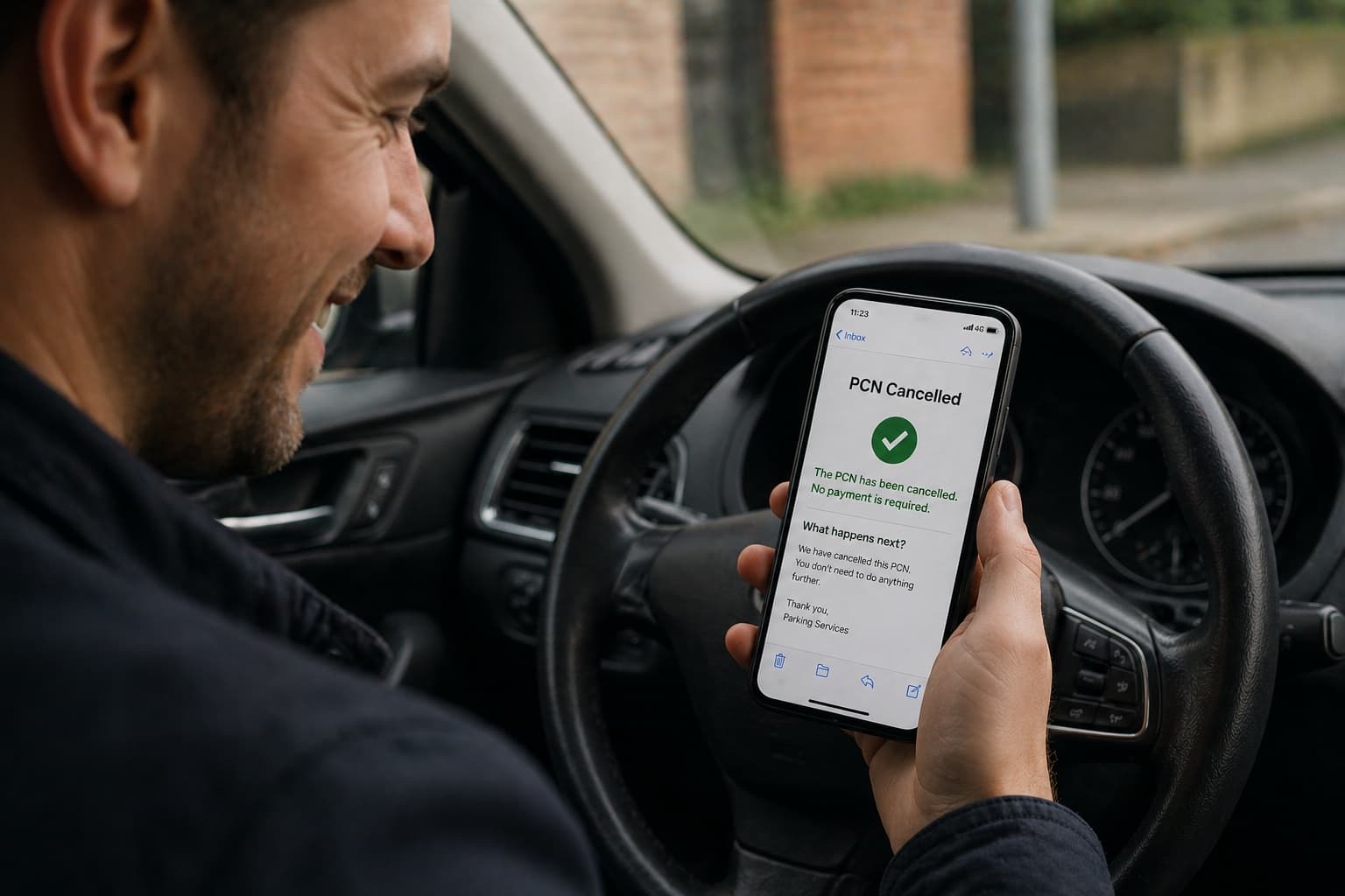 A driver reading a cancelled PCN confirmation on a phone