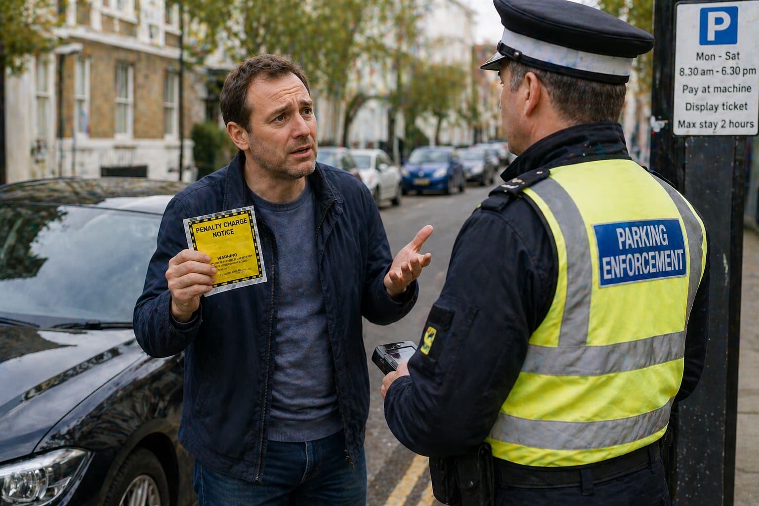 A driver holding a penalty charge notice while speaking to a parking enforcement officer