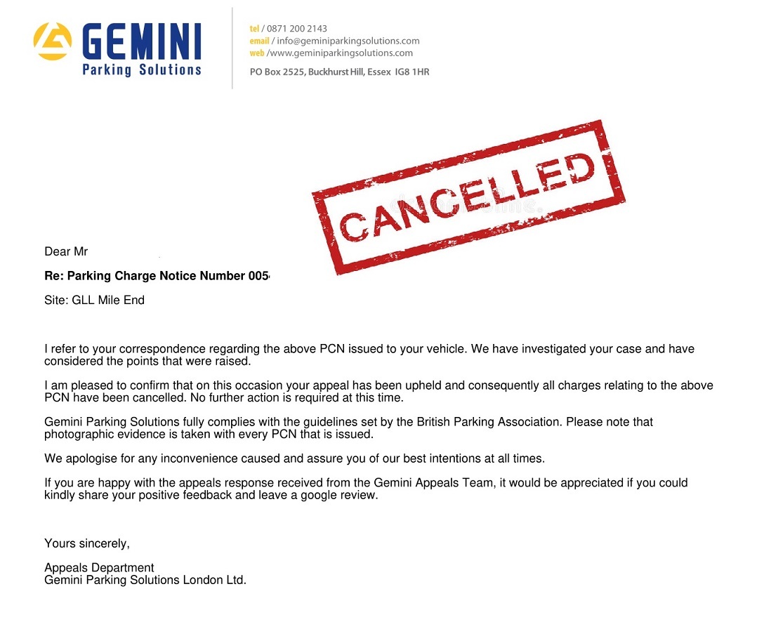 Gemini parking charge cancelled result