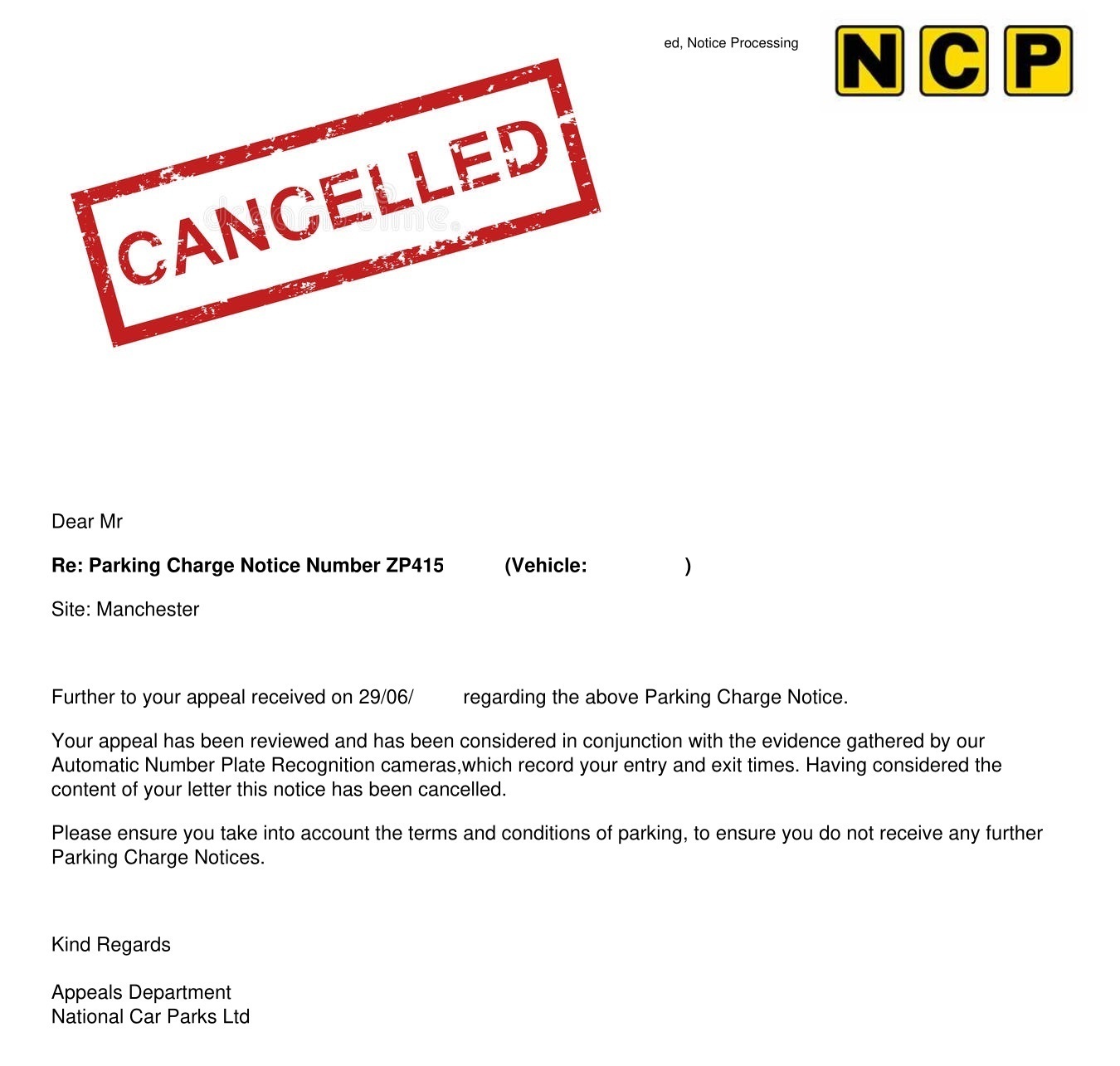NCP parking charge cancelled result