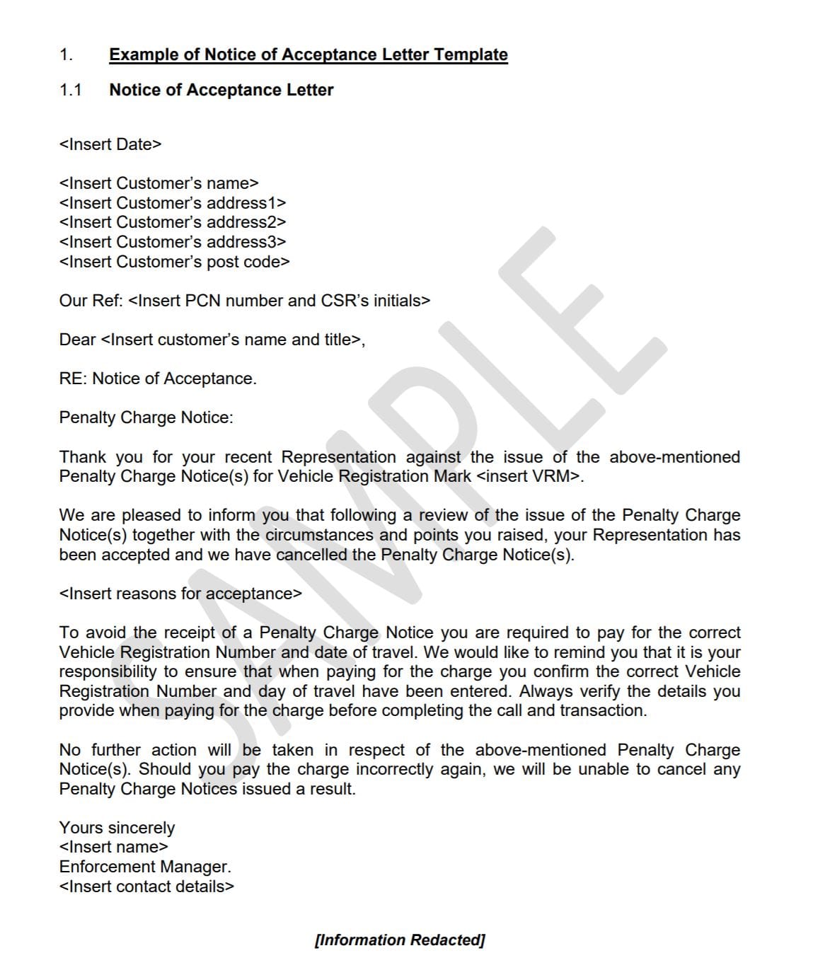 notice of acceptance sample penalty charge